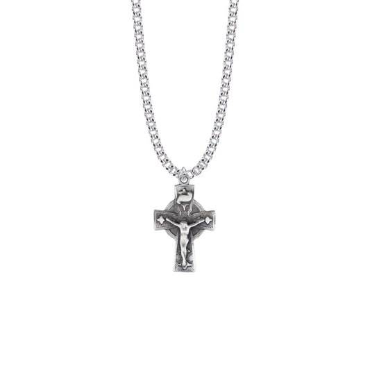 1-1/16 Inch Pewter Diamond Ends Celtic Crucifix Necklace