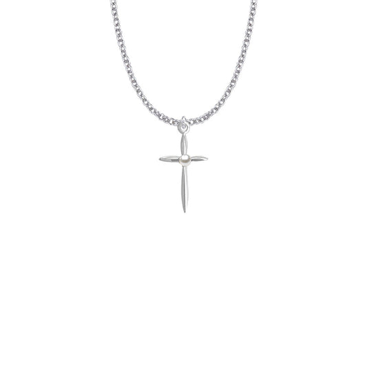 Silver Plated and White Synthetic Centered Pearl Cross Necklace