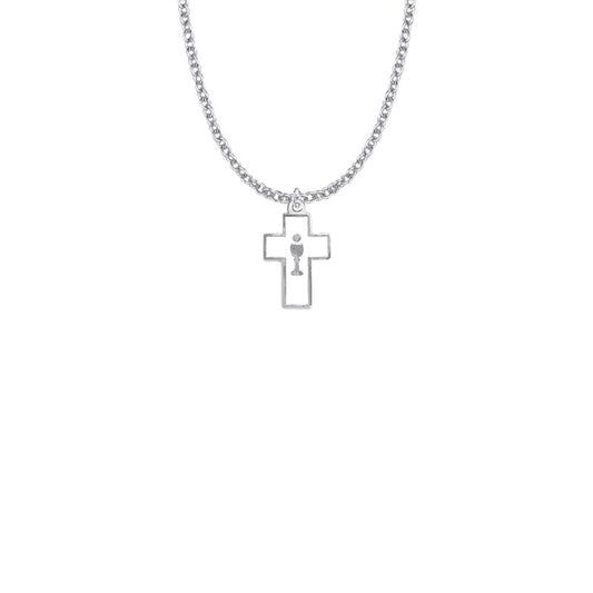 Silver Plated Enameled Cross and Centered Chalice Necklace
