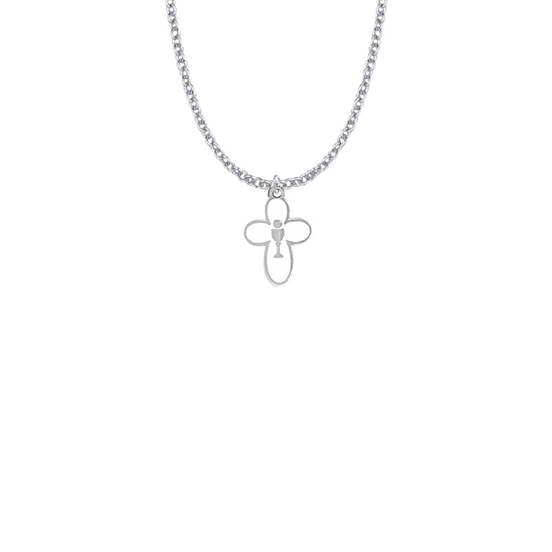 Silver Plated Round Enameled Cross and Centered Chalice Necklace