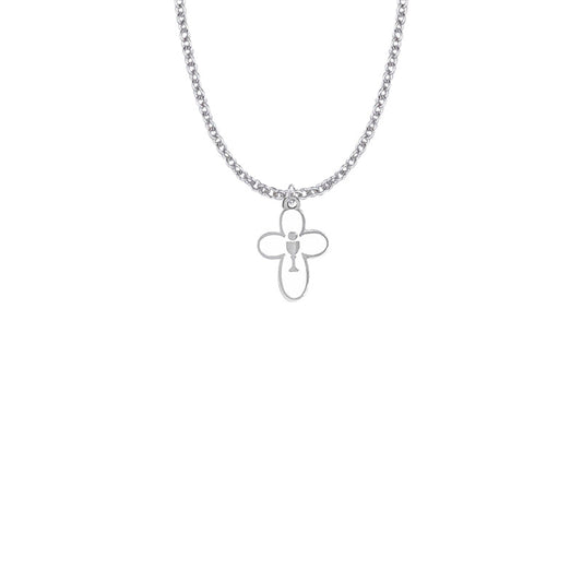 Silver Plated Round Enameled Cross and Centered Chalice Necklace