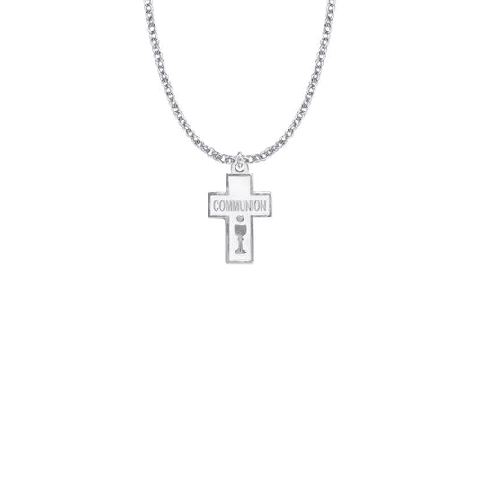 Silver Plated Enameled Cross and Centered Communion Chalice Necklace
