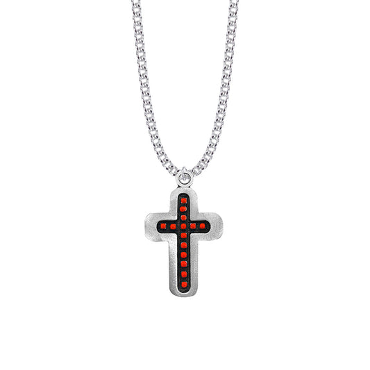 1-3/8 Inch Pewter and Red Beaded Cross Necklace