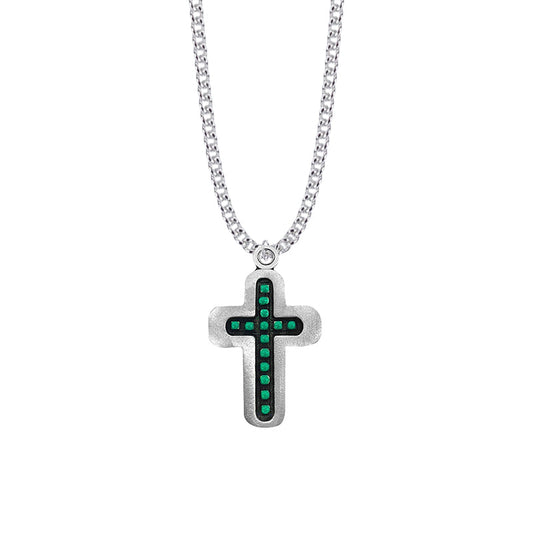 1-3/8 Inch Pewter and Green Beaded Cross Necklace