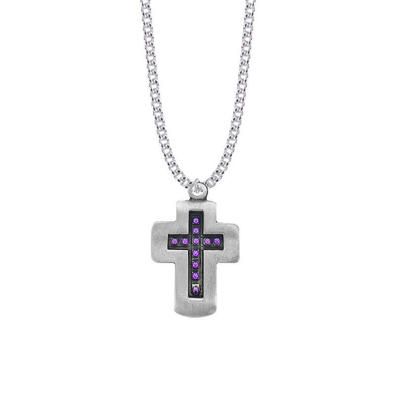 1-3/8 Inch Pewter and Purple Beaded Cross Necklace