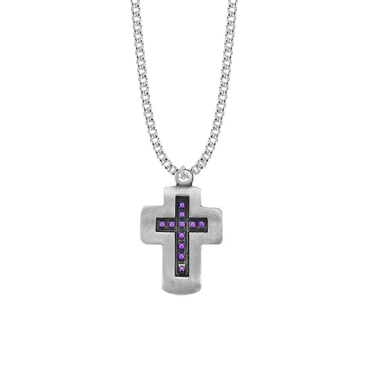 1-3/8 Inch Pewter and Purple Beaded Cross Necklace