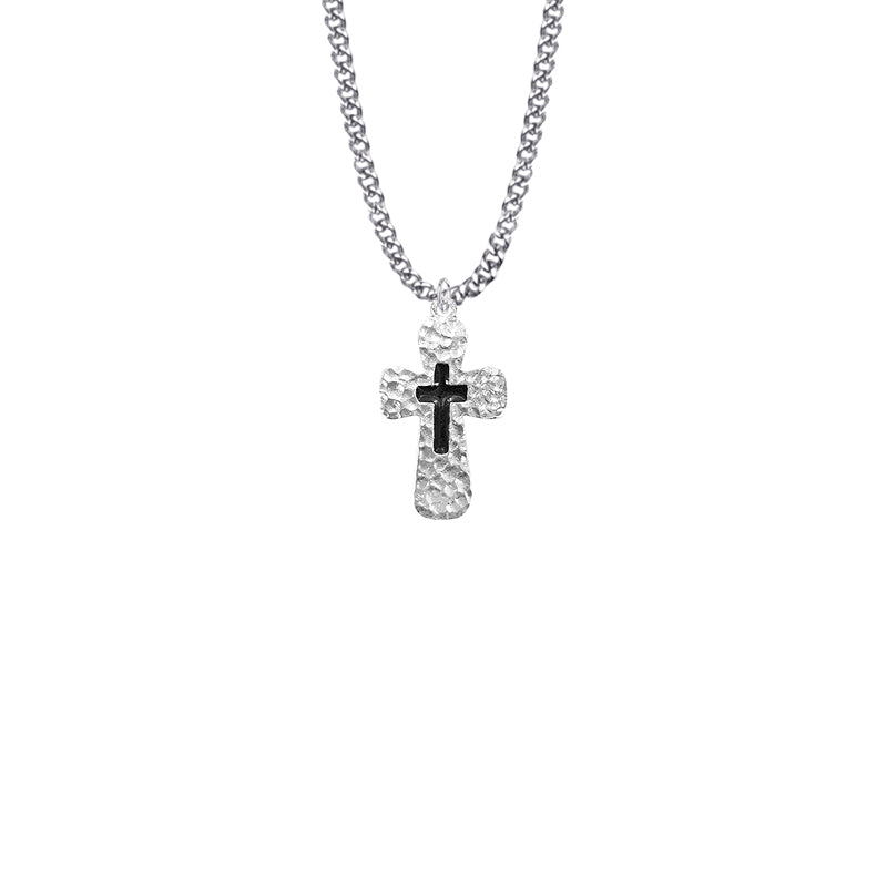 1 1/16 Inch Pewter and Enameled Hammered Looking Cross Necklace