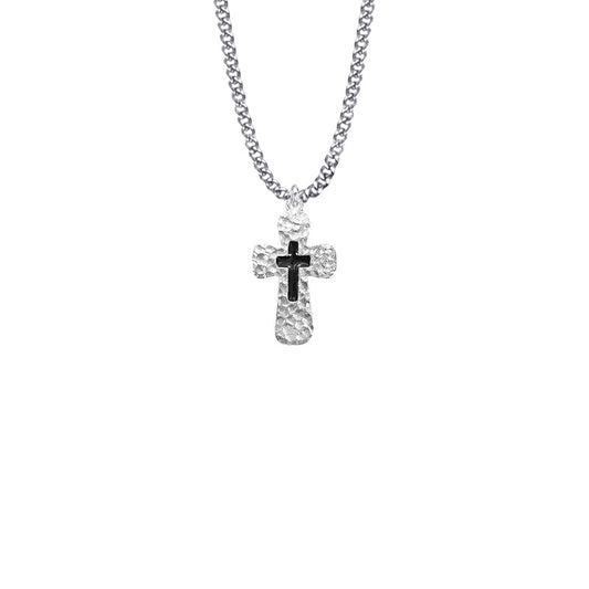 1 1/16 Inch Pewter and Enameled Hammered Looking Cross Necklace