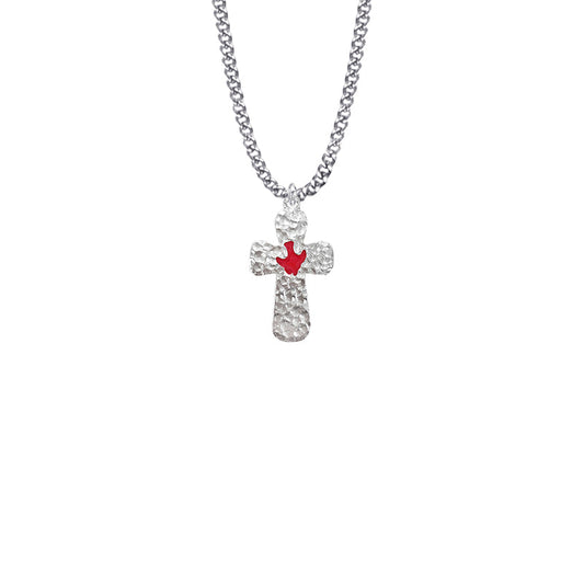 1-1/6 Inch Pewter Round and Hammer Looking Dove Cross Necklace
