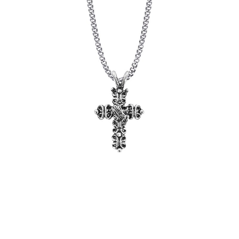 1-3/8 Inch Pewter Gothic Cross with Praying Hands Necklace