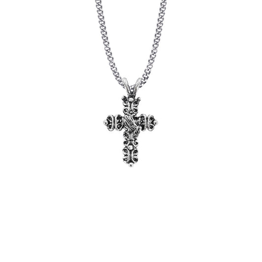 1-3/8 Inch Pewter Gothic Cross with Praying Hands Necklace