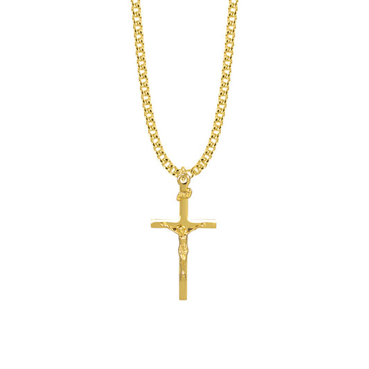 1-3/8 Inch Gold Plated Over Sterling Silver Straight Crucifix Necklace