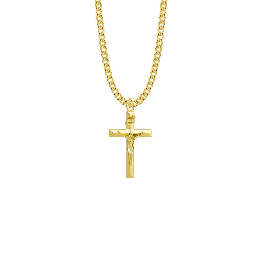 Gold Plated Over Sterling Silver Beveled Crucifix Necklace