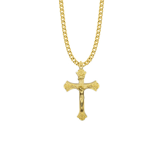 1-3/8 Inch Gold Plated Over Sterling Silver Budded Ends Antiqued Style Crucifix Necklace
