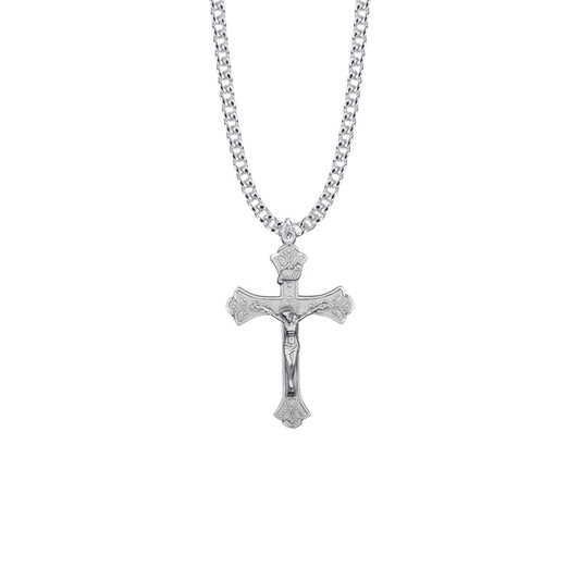 1-3/8 Inch Sterling Silver Budded Ends Antiqued Style Crucifix Necklace