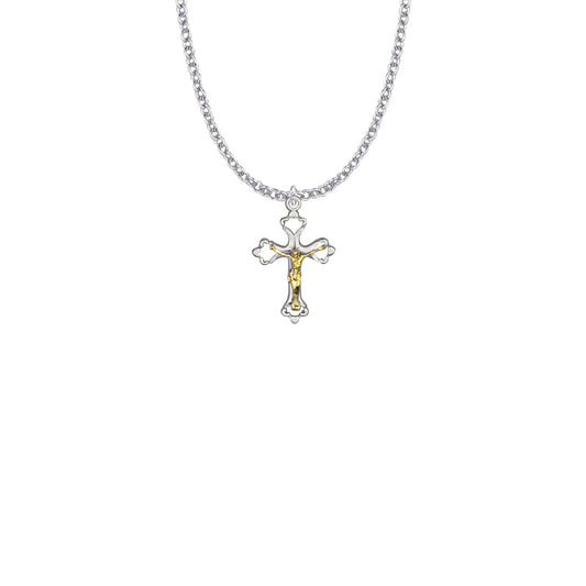 Two-Tone Sterling Silver Heart Ends Crucifix Necklace