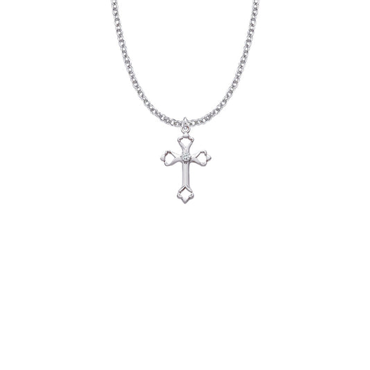 Sterling Silver Open Budded Ends Cross Necklace with Cubic Zirconia Stone