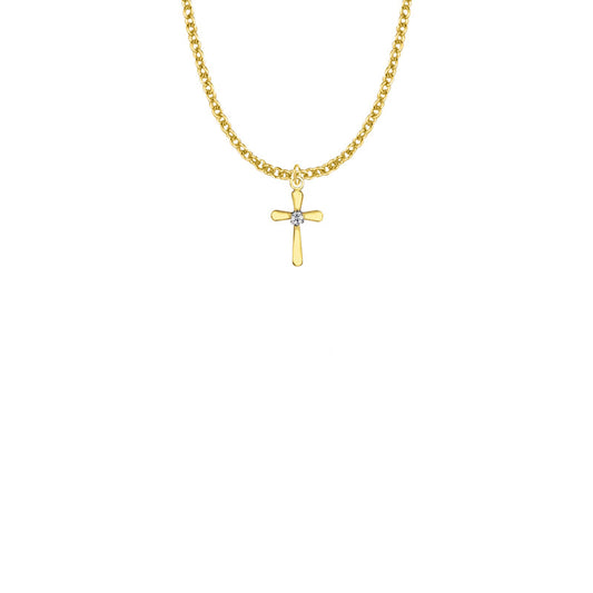 9/16 Inch Gold Plated Over Sterling Silver Rounded Ends Cross Necklace with Cubic Zirconia Stone