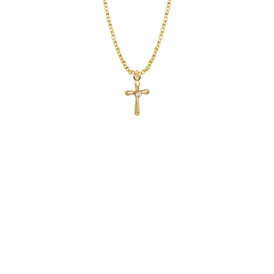 9/16 Inch Gold Plated Over Sterling Silver Baby Tube Cross with Crystal CZ Stone Center Necklace