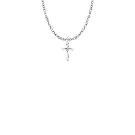 9/16 Inch Sterling Silver Rounded Ends Cross Necklace with Cubic Zirconia Stone