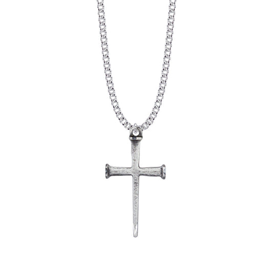 1-5/8 Inch Sterling Silver Antiqued Nail Cross Necklace