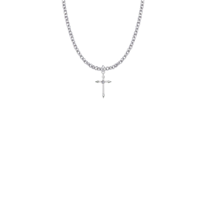 Sterling Silver Pointed Ends Cross Necklace with Cubic Zirconia Stone