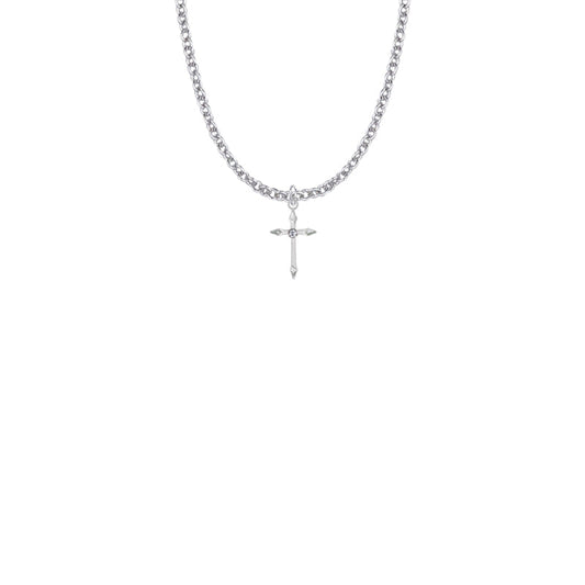 Sterling Silver Pointed Ends Cross Necklace with Cubic Zirconia Stone