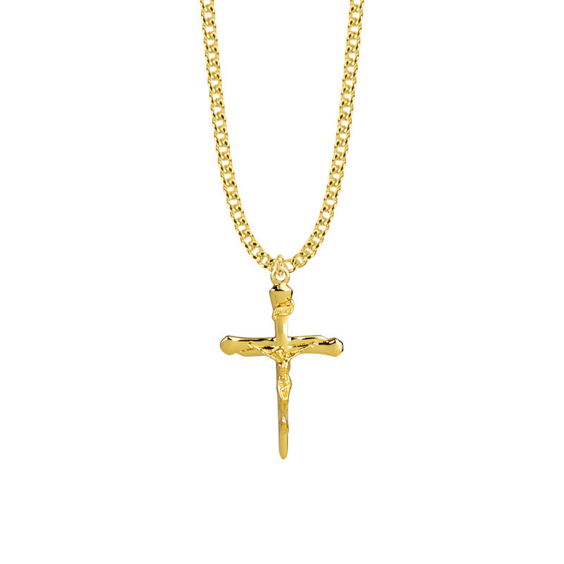 1-3/8 Inch Gold Plated Over Sterling Silver Nail Crucifix Necklace