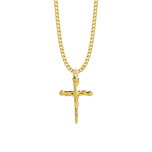 1-3/8 Inch Gold Plated Over Sterling Silver Nail Crucifix Necklace