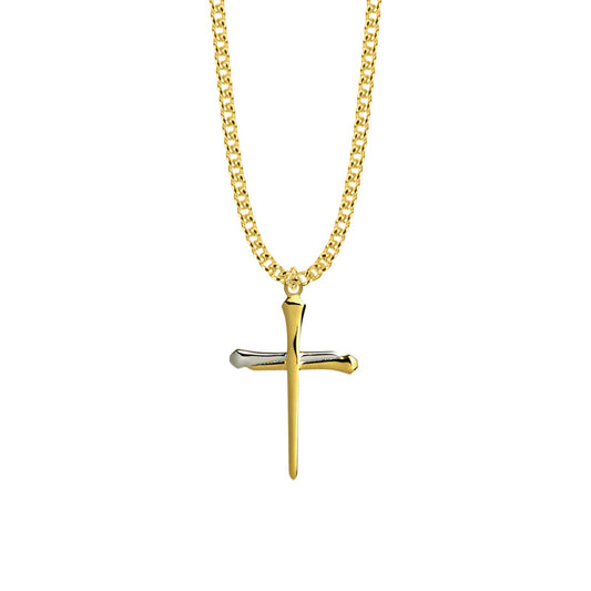 1-3/8 Inch Two-Tone Gold Plated Over Sterling Silver Nail Cross Necklace