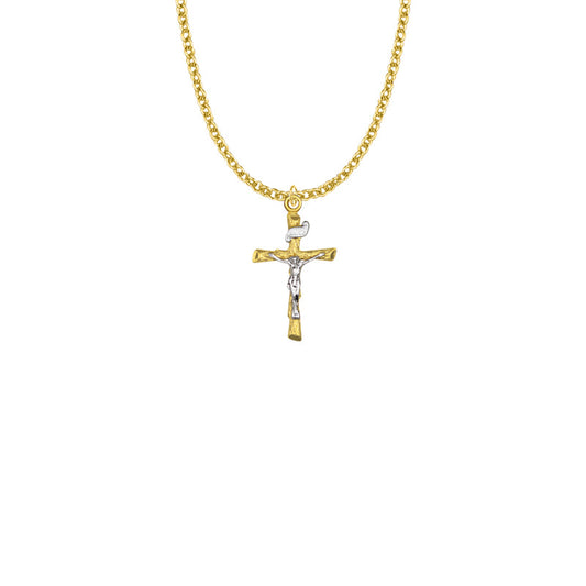 Two-Tone Gold Plated Over Sterling Silver Wooden Log Crucifix Necklace