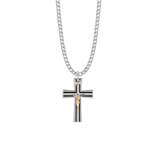 Two-Tone Sterling Silver Lined Black Enameled Crucifix Necklace