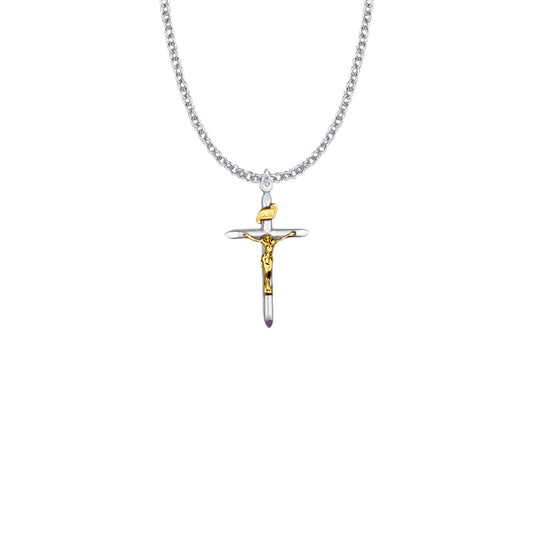 Two-Tone Sterling Silver Pointed Tube Crucifix Necklace