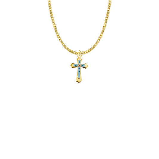 11/16 Inch Gold Plated Over Sterling Silver Enameled Rose and Pointed Ends Cross Necklace