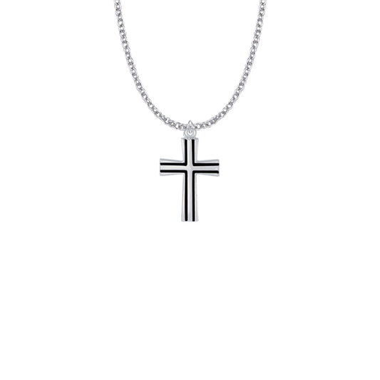 Sterling Silver Flared Cross with Black Enamel Detailing Necklace