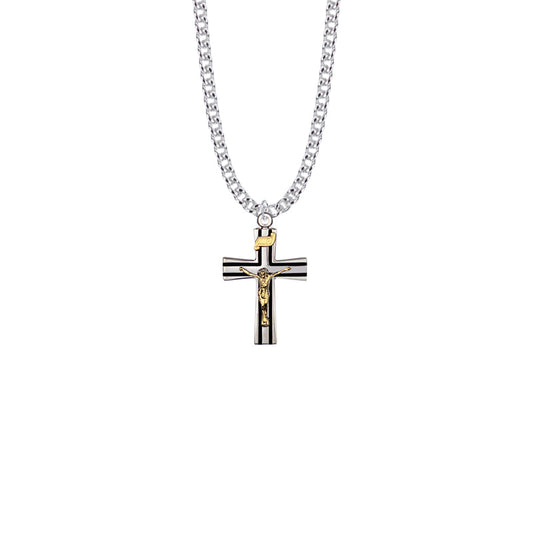 Two-Tone Sterling Silver Black Enameled Crucifix Necklace