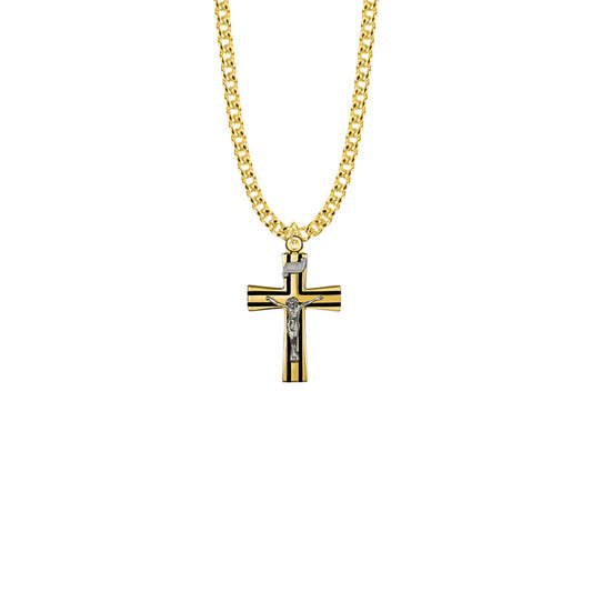 Two-Tone Gold Plated Over Sterling Silver Black Enameled Crucifix Necklace