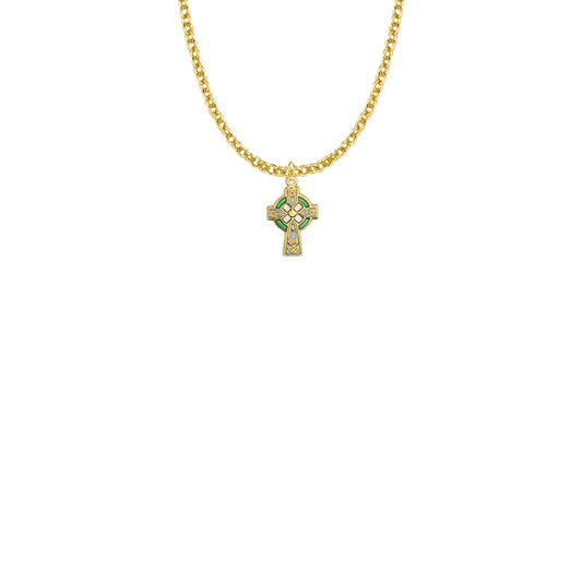 9/16 Inch 10KT Gold Filled Celtic Cross with Green Enamel Detail Cross Necklace