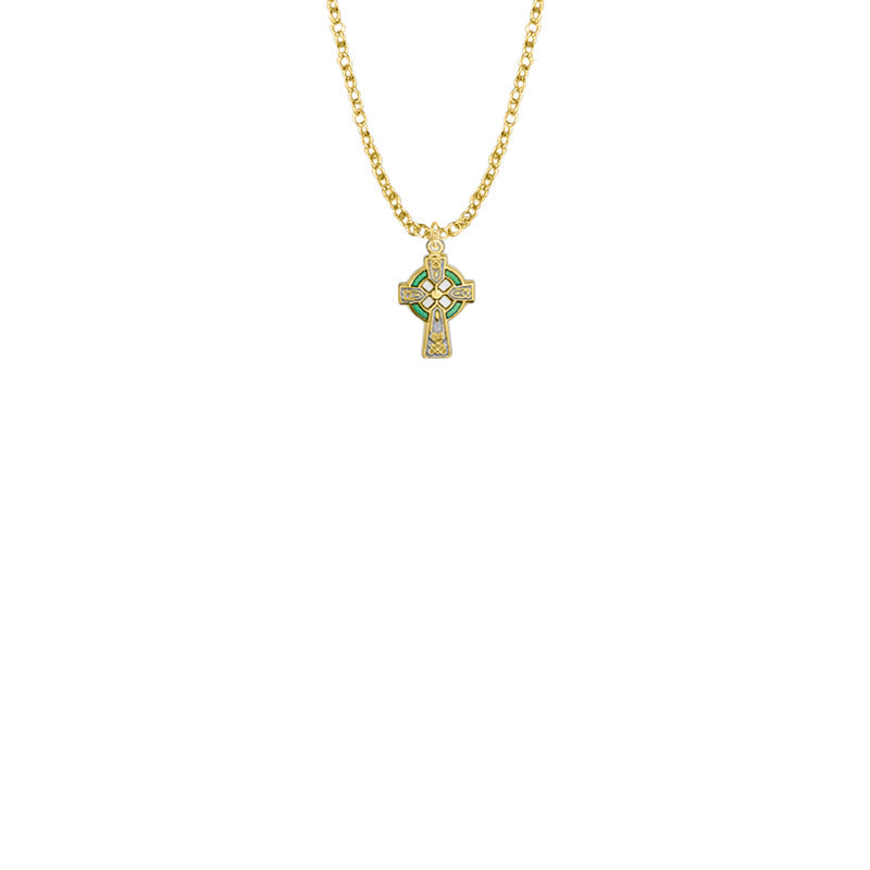 9/16 Inch Gold Filled Celtic Cross with Green Enamel Detail Baby Cross Necklace