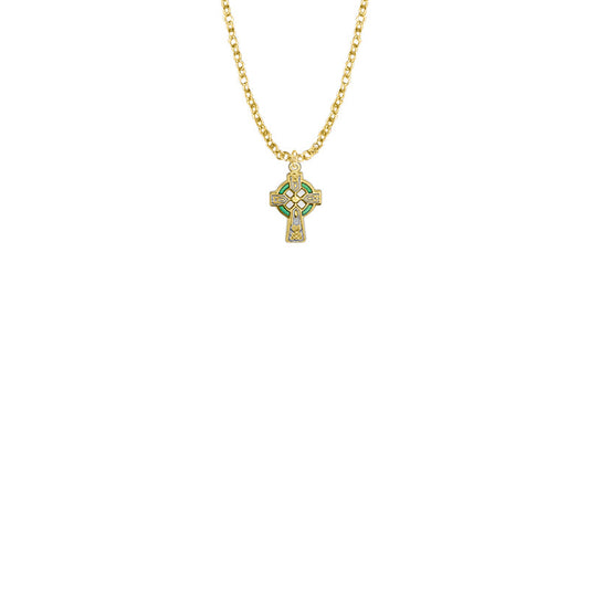 9/16 Inch Gold Filled Celtic Cross with Green Enamel Detail Baby Cross Necklace