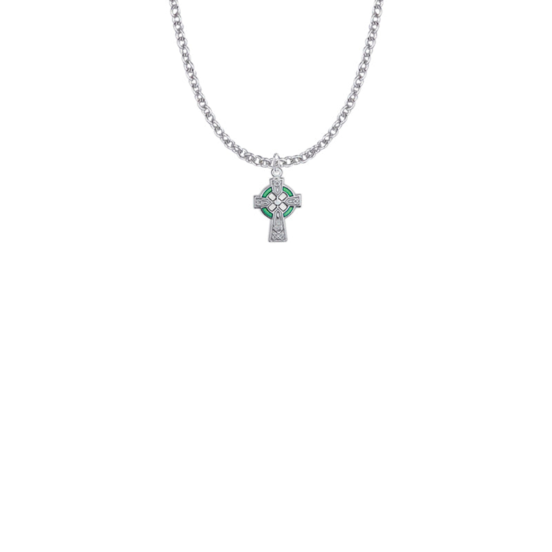 9/16 Inch Sterling Silver Celtic Cross with Green Enamel Detail Cross Necklace