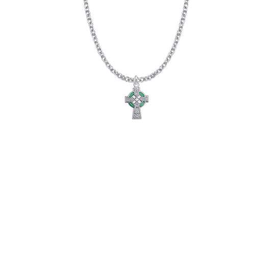 9/16 Inch Sterling Silver Celtic Cross with Green Enamel Detail Cross Necklace