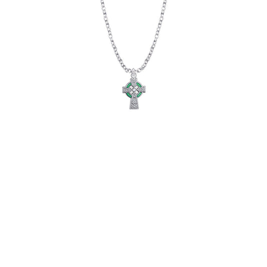9/16 Inch Sterling Silver Celtic Cross with Green Enamel Detail Baby Cross Necklace