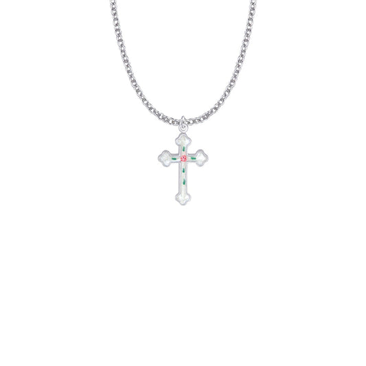 Sterling Silver Enameled Rose and Budded Ends Cross Necklace