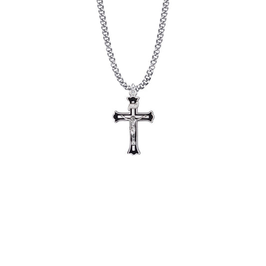 Sterling Silver Black Border Crucifix Necklace