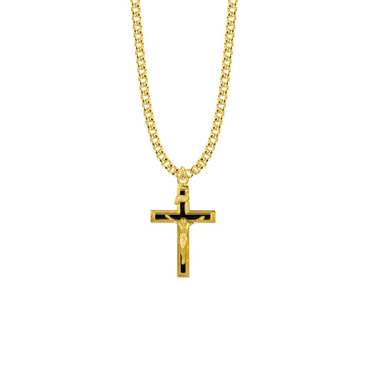 Gold Plated Over Sterling Silver Black Enamel Crucifix Necklace