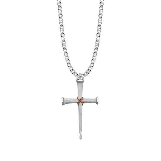 1-5/8 Inch Sterling Silver Antique Nail with Copper Rope Center Cross Necklace