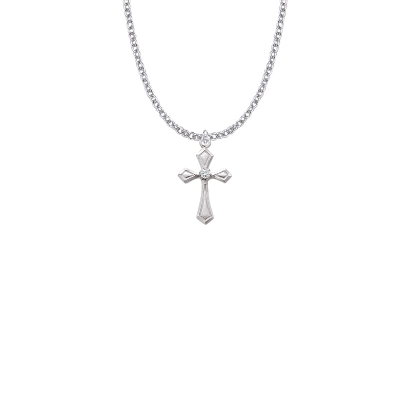 Sterling Silver Flared and Pointed Ends Cross Necklace with Cubic Zirconia Stone