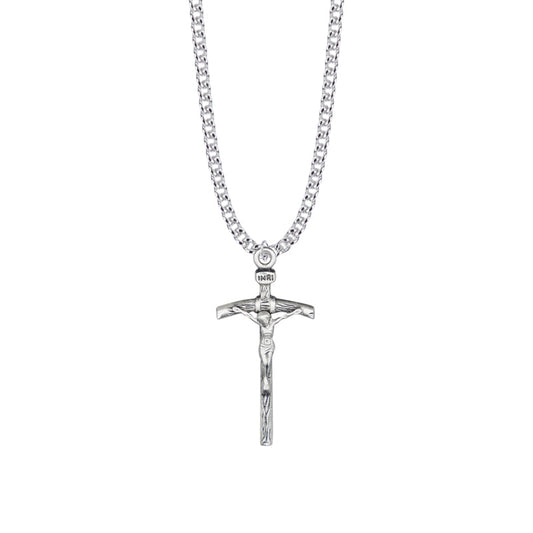 1-1/2 Inch Sterling Silver Antique Papal Crucifix Necklace