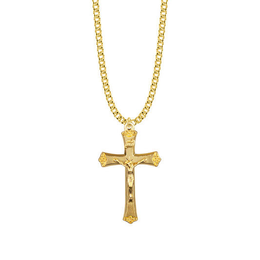 1-9/16 Inch Gold Plated Over Sterling Silver Decorative Budded Ends Crucifix Necklace